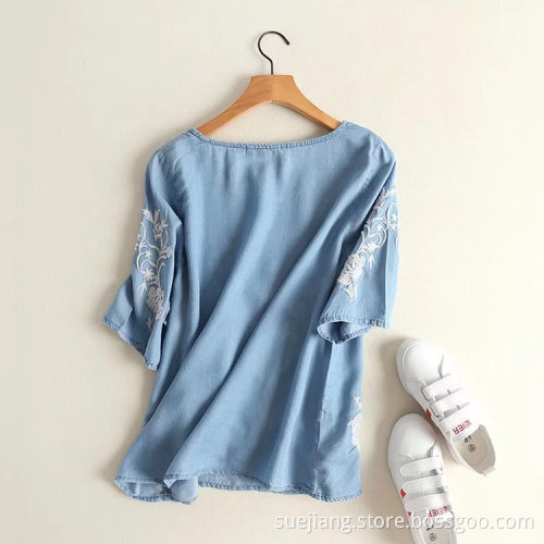 Short Sleeve Ethnic Floral Embroidered Cotton Blouses